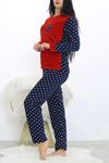 Kadın Kırmızı Desenli Kışlık Polar Peluş Pijama Takımı 18D-1937