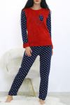 Kadın Kırmızı Desenli Kışlık Polar Peluş Pijama Takımı 18D-1937