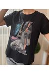 Kadın Siyah Taş İşlemeli Pamuklu T-Shirt 4C-5031