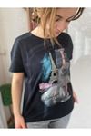 Kadın Siyah Taş İşlemeli Pamuklu T-Shirt 4C-5031