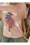 Kadın Pembe Taş İşlemeli Pamuklu T-Shirt 4C-5032