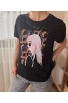 Kadın Siyah Taş İşlemeli Pamuklu T-Shirt 4C-5033