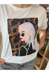 Kadın Beyaz Taş İşlemeli Pamuklu T-Shirt 4C-5034