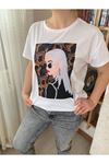 Kadın Beyaz Taş İşlemeli Pamuklu T-Shirt 4C-5034