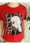 Kadın Kırmızı Taş İşlemeli Pamuklu T-Shirt 4C-5035