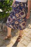 Kadın Renkli Lacivert Cepli Yazlık Midi Etek 12D-5068