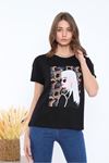 Kadın Siyah Taş İşlemeli Pamuklu T-Shirt 4C-5033