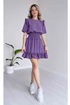 Kadın Aerobin Kumaş Beli Gipeli Kısa Kollu Mor Mini Elbise 1E-6087