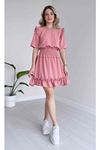 Kadın Aerobin Kumaş Beli Gipeli Kısa Kollu Pembe Mini Elbise 1E-6088