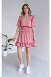 Kadın Aerobin Kumaş Beli Gipeli Kısa Kollu Pembe Mini Elbise 1E-6088