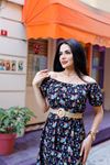 Kadın Madonna Yaka Gipeli Desenli Yazlık Uzun Elbise 12A-6062