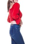 Kadın Kadife Kumaş Kırmızı Büzgülü Crop Bluz 12D-6041
