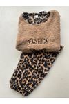 Kadın Yeni Leopar Desenli Welsoft Desenli Kışlık Polar Pijama Takım 1D-0266