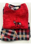 Kadın Kırmızı Desenli Welsoft Desenli Kışlık Polar Pijama Takım 1D-0217