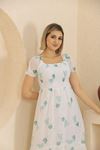 Kadın Beyaz Madonna Yaka Gipeli Desenli Şifon Yazlık Midi Elbise 2D-2220