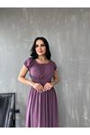 Kadın Madonna Yaka Mor Renk Gipeli Yazlık Uzun Elbise 12A-2235