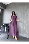 Kadın Madonna Yaka Mor Renk Gipeli Yazlık Uzun Elbise 12A-2235