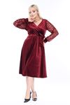 Kadın Büyük Beden Bordo Kruvaze Yaka Midi Kadife Elbise 12A-2302