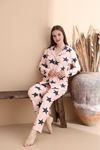 Kadın Pembe Yıldız Desenli Süet Gömlek Yaka Yumuşak Uzun Kol Kışlık  Pijama Takım 1D-2351