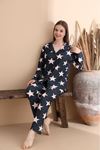 Kadın Yıldız Desenli Süet Gömlek Yaka Yumuşak Uzun Kol Kışlık  Pijama Takım 1D-2353