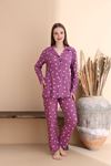 Kadın Mor Desenli Süet Gömlek Yaka Yumuşak Uzun Kol Kışlık  Pijama Takım 1D-2354