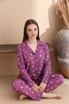 Kadın Mor Desenli Süet Gömlek Yaka Yumuşak Uzun Kol Kışlık  Pijama Takım 1D-2354