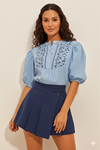 Kadın Bebe Mavi Düğmeli Nakış İşlemeli Balon Kol Poplin Bluz G1-2370