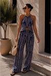 Kadın Yazlık Halter Yaka Lacivert Beyaz Viskon İkili Bluz Pantolon Takım G1-2391